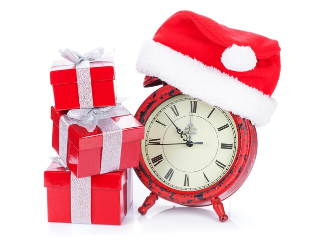 Christmas clock gift boxes and santa hat