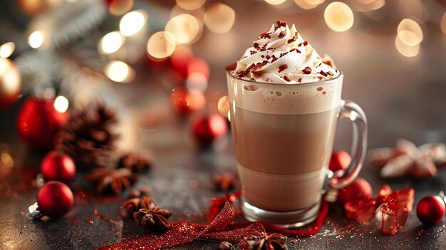 Christmas coffee latte with cream in shiny mug