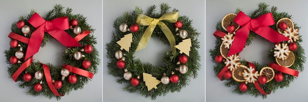 Christmas  collage. Christmas ring or wreath on the gray  background. Top view. Close-up.