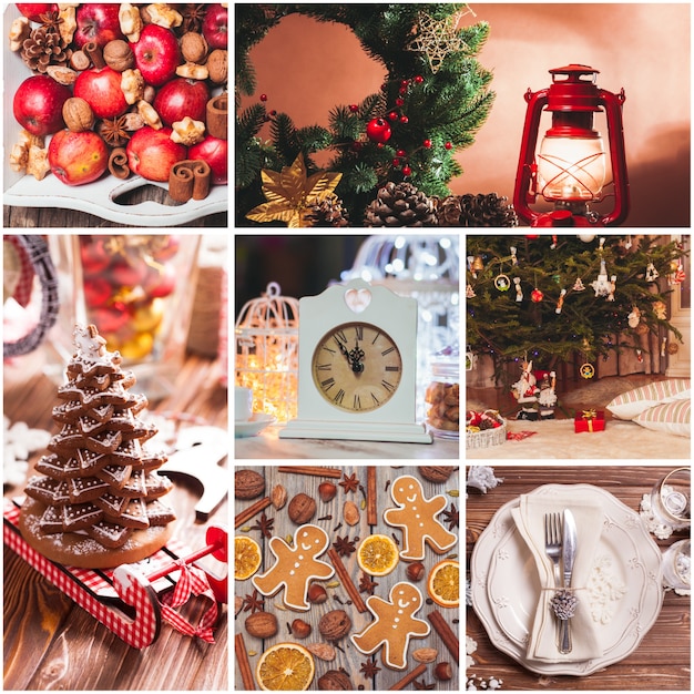 Christmas collage from seven photos, food and decor