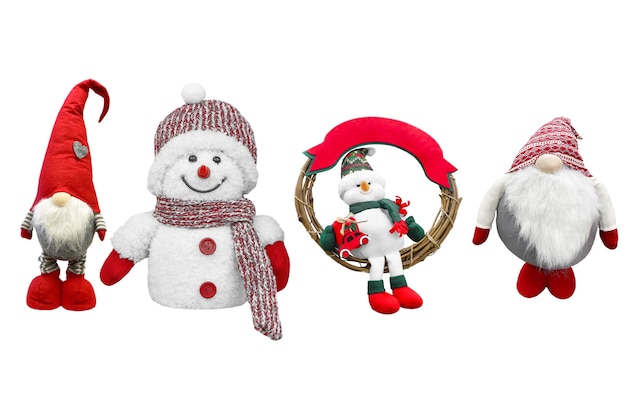 Christmas collection snowmen dwarfs isolated on white red christmas wreath