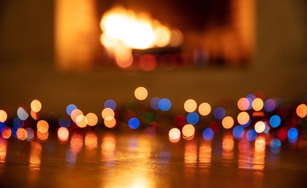 クリスマスのカラフルなライトが輝くぼかし燃える暖炉の背景