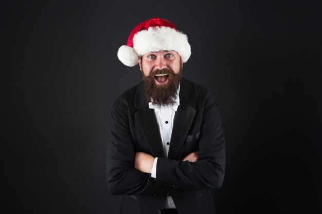 Christmas comes but once a year. Bearded man enjoy christmas party. Happy businessman celebrate xmas and new year. Holiday celebration. Merry christmas. Happy new year.