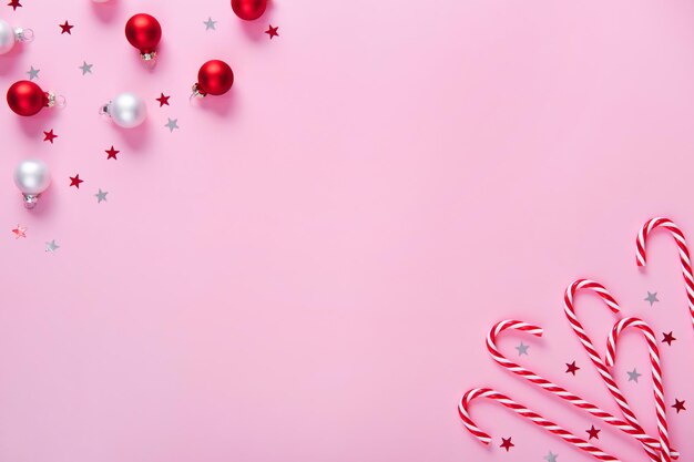 Christmas composition Candy canes holiday decorations on a pink background