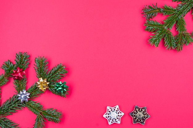 Christmas composition decorations on fir tree branches isolated