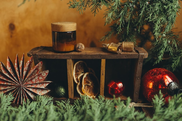 Photo christmas composition on the festive table