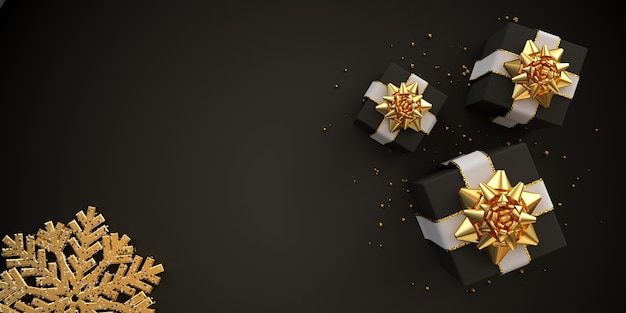 写真 黒のギフトボックスと黒のdレンダリングに金色のスノーフレークが付いたクリスマスコンポジションフラットレイカード