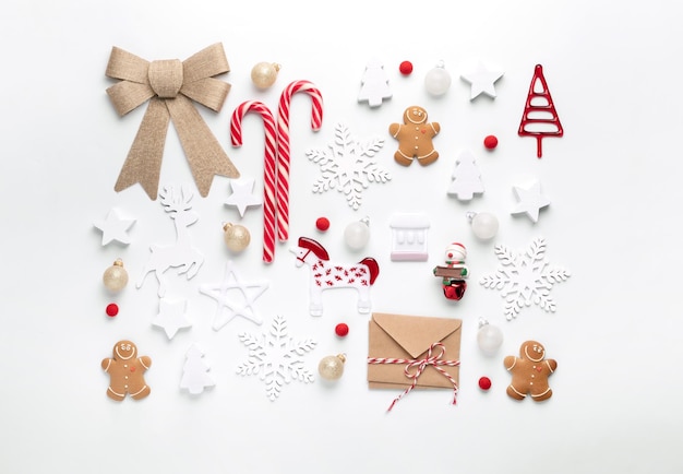 Christmas composition from Christmas decorations and accessories on a white background. Flat lay, top view.