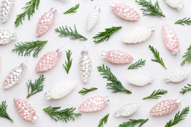 Christmas composition. Gifts, cones decorations on white background. Christmas, winter, new year concept. Flat lay, top view, copy space..  Flat lay. Top view.