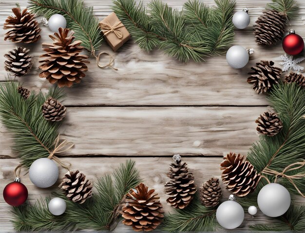 写真 木製の背景の松の円とクリスマスツリーのおもちゃと枝のクリスマスコンポジション