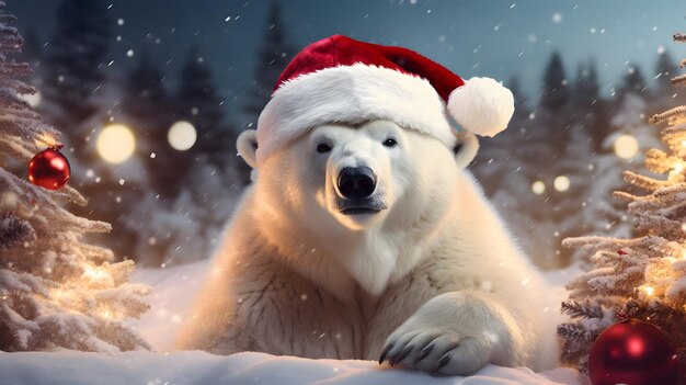 Фото Рождественская композиция белого белого медведя с красной шапкой санта-клауса в заснеженном лесу зимний фон
