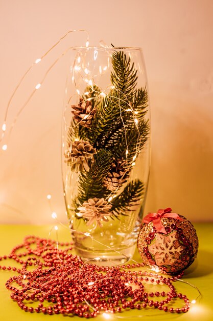 Christmas composition of pine branches and cones