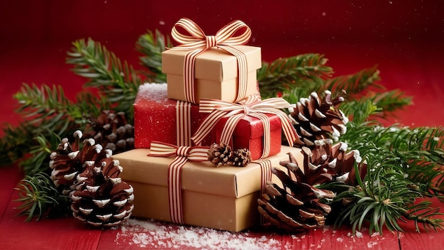 赤い背景のパイン・コーン・スプルス・ブランチとギフトボックスのスタックのクリスマス・コンポジション