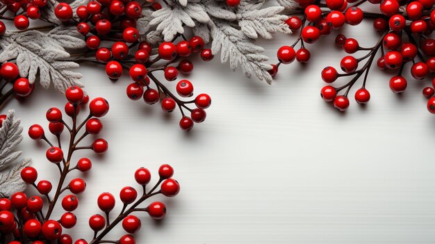 Christmas composition red berries fir branches and red berries christmas background top view flat lay copy space