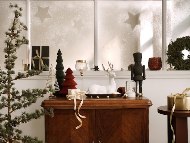 Christmas composition on the vintage shelf in the living room interior with beautiful decoration