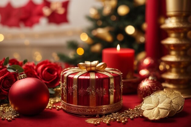 Christmas composition with candles and decorations in gold color on bright background