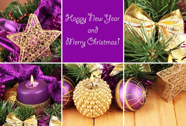 Christmas composition  with candles and decorations in purple and gold colors on wooden background