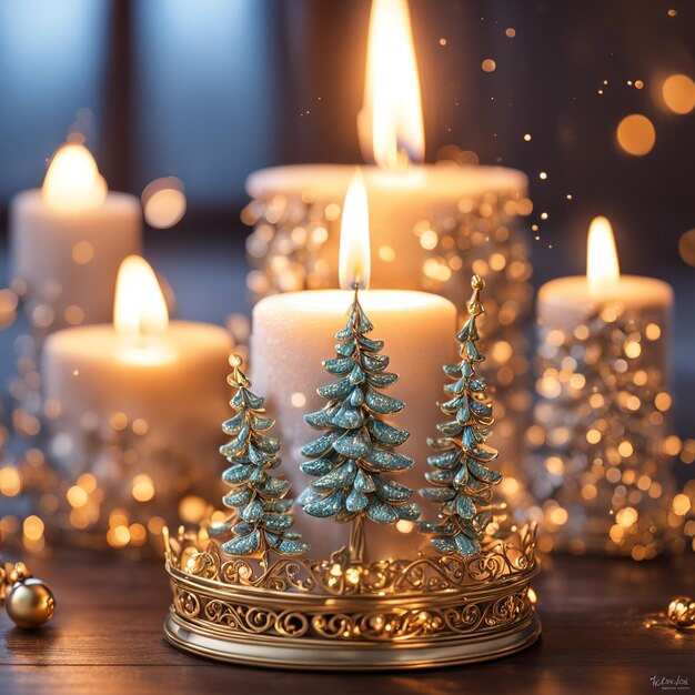 Photo christmas composition with candles and fir tree on wooden background