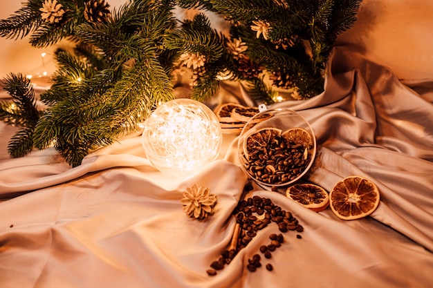 Christmas composition with coffee beans and dried oranges