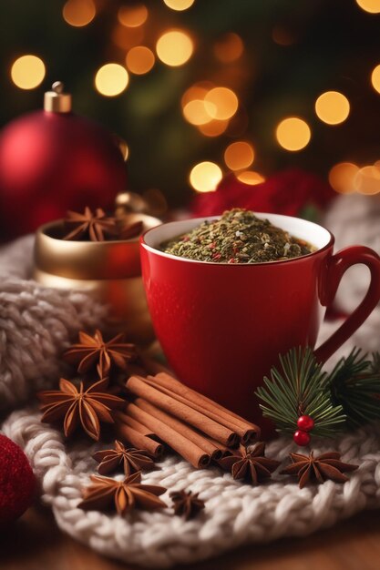 Christmas composition with a cup of tea spices on a knitted element christmas drink background