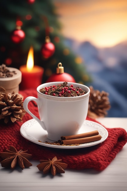 Christmas composition with a cup of tea spices on a knitted element christmas drink background