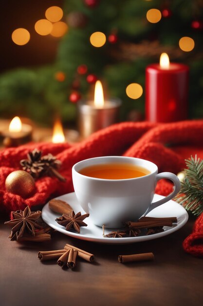 christmas composition with a cup of tea spices on a knitted element christmas drink background