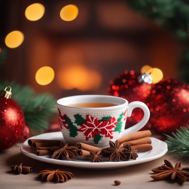 Christmas composition with a cup of tea spices on a knitted element christmas drink background