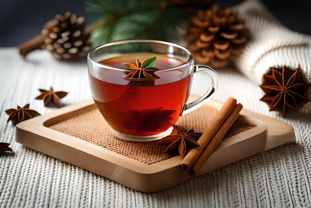 christmas composition with a cup of tea spices on a knitted element