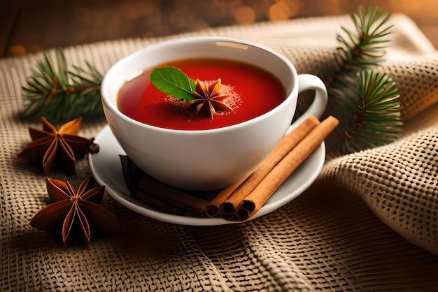 christmas composition with a cup of tea spices on a knitted element