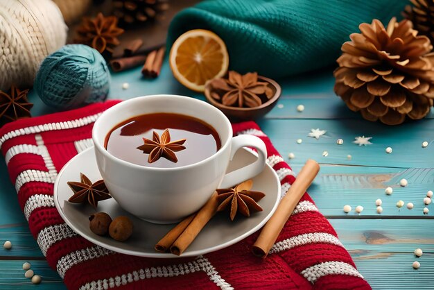 christmas composition with a cup of tea spices on a knitted element