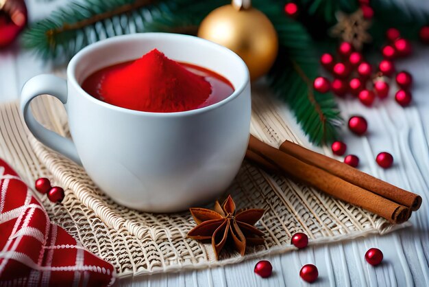 Christmas composition with a cup of tea spices on a knitted element