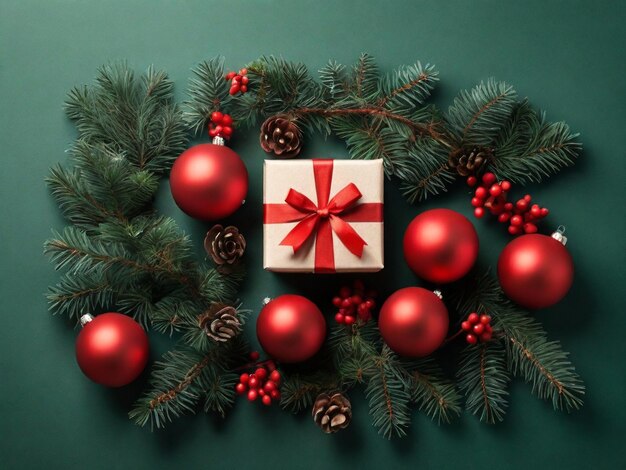 Christmas composition with fir branches red balls and gift box on colored background