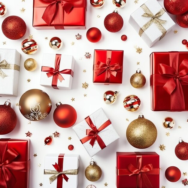 Foto composizione natalizia con scatole regalo palle di carte rami di abete conie di pino con spazio di copia natale