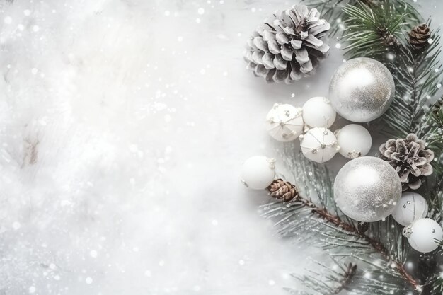 写真 クリスマス・コンポジション プレゼントボックス カードボール 杉の枝 パイン・コーン コピースペース クリスマス