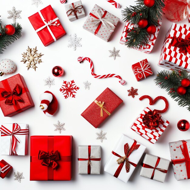 Фото Рождественская композиция с подарочными коробками карточные шары еловые ветви сосновые шишки с копировальным пространством рождество