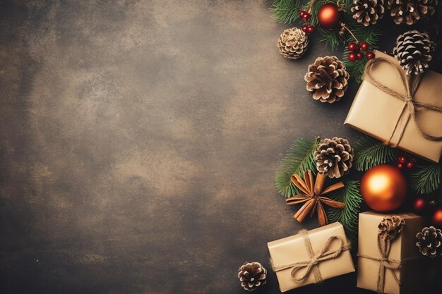 ギフト ボックス カード ボール モミの枝松ぼっくりコピー スペースとクリスマスの組成物クリスマス