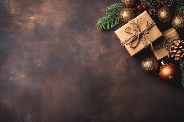 Рождественская композиция с подарочными коробками, открытками, шарами, еловыми ветками, сосновыми шишками и копировальным пространством Рождество