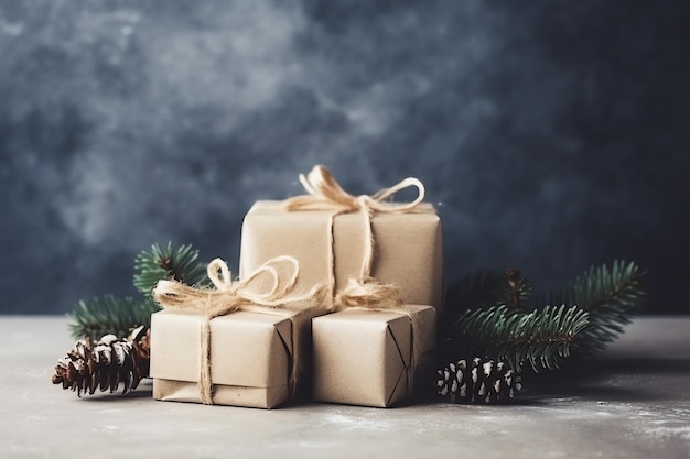 Рождественская композиция с подарочными коробками, открытками, шарами, еловыми ветками, сосновыми шишками и копировальным пространством Рождество