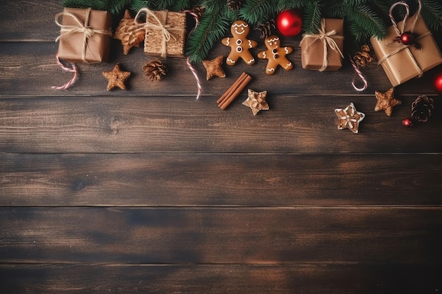 선물 상자 카드 공 전나무 가지 소나무 콘 복사 공간 크리스마스 구성