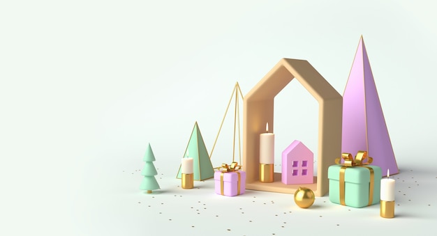 Composizione natalizia con casa e alberi. rendering 3d