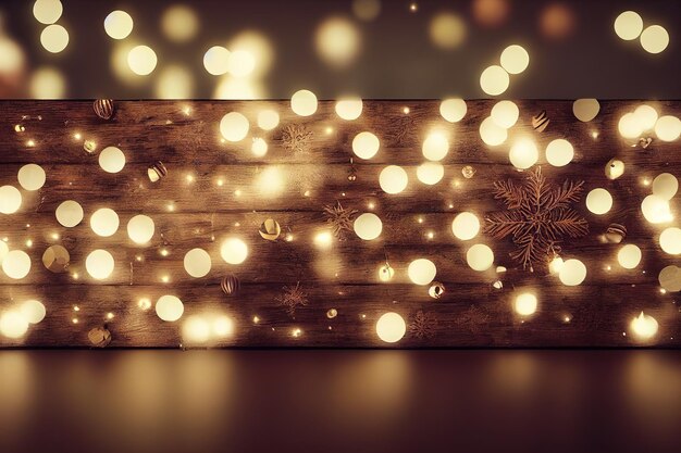 Christmas composition with lights and natural decor on a wooden background Zero waste