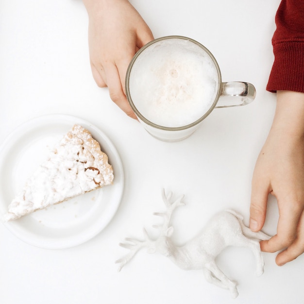 christmas composition with pie and cocoa