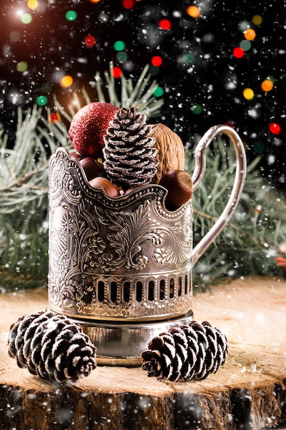 Christmas composition with presents on wooden background