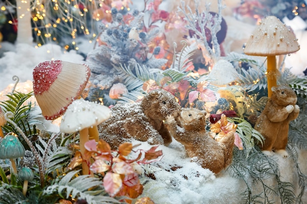 Christmas composition with squirrels and mushrooms, Christmas decoration