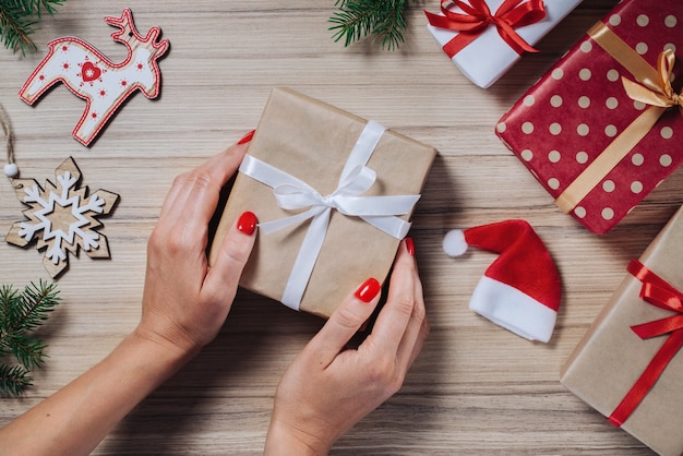 Christmas composition on wooden background