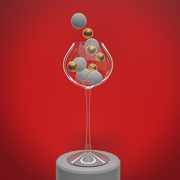 Photo christmas concept, glass with balls on red background, copy space