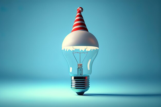 Christmas concept ideas light bulb decorated with a santa hat and set against a blue backdrop