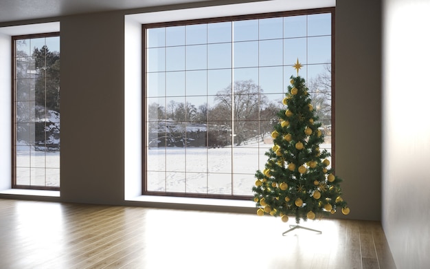 나무 바닥과 크리스마스 컨셉 인테리어 룸 크리스마스 트리 화이트 룸 인테리어