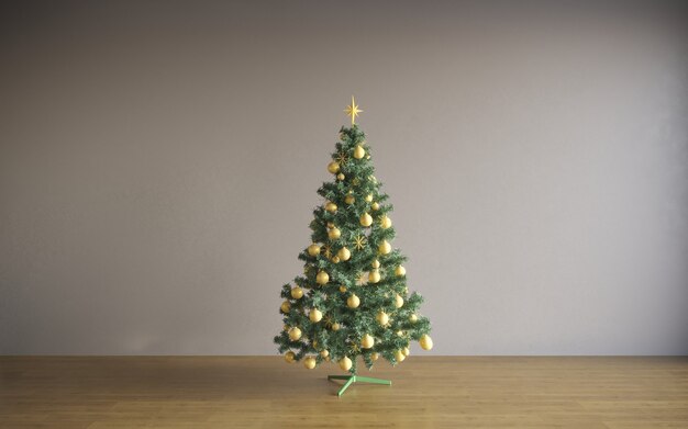 Interno della stanza dell'albero di natale di concetto di natale interno bianco della stanza con il pavimento di legno