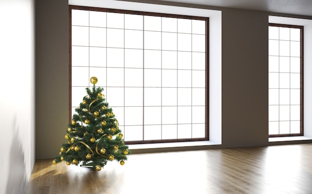 Christmas concept interior room christmas tree white room interior with wooden floor